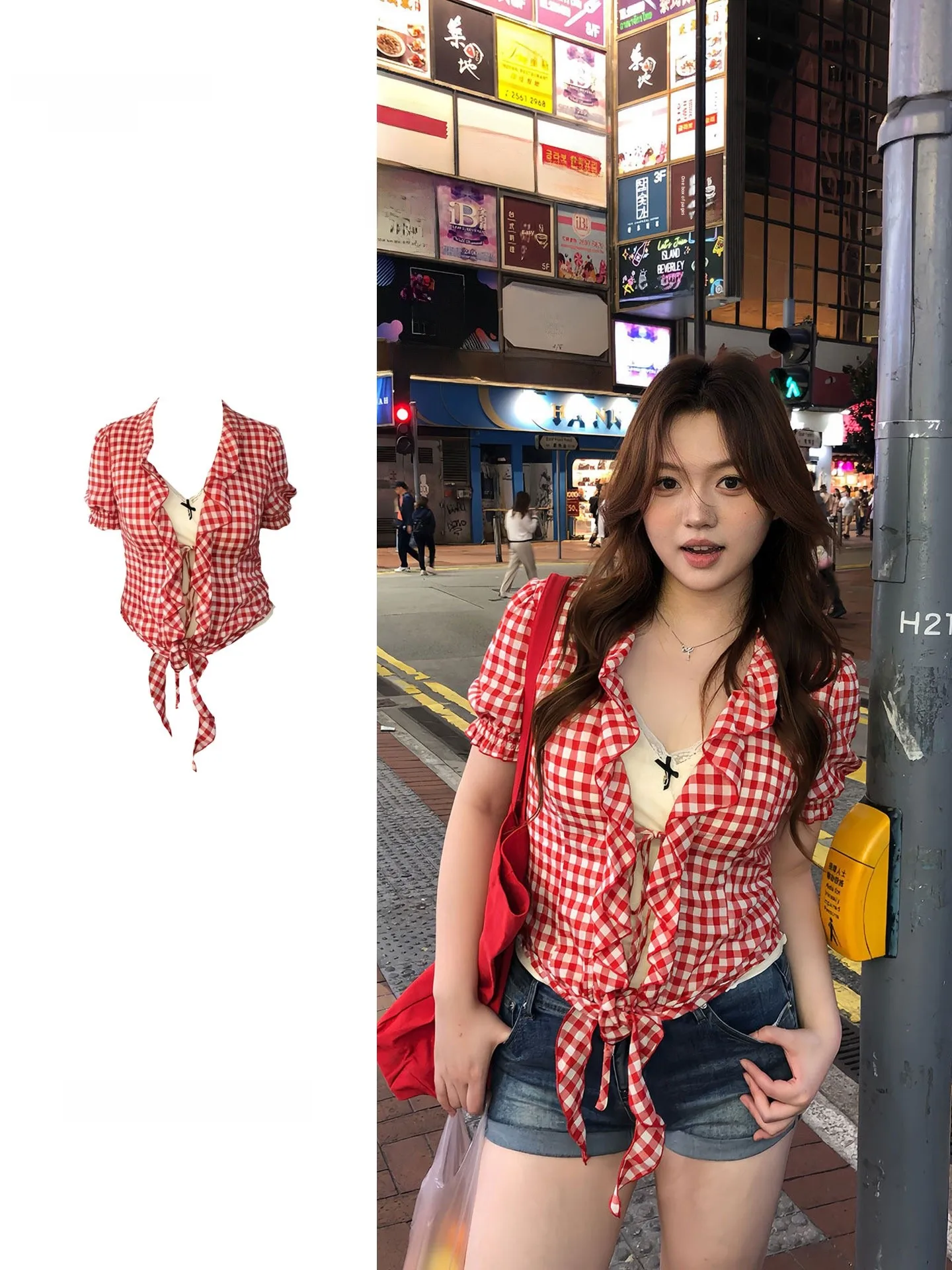 

plus Size Women's American Plaid Shirt Summer New Style Slimming Design Short Sleeve V-Neck Tie Waist Casual Cotton Top