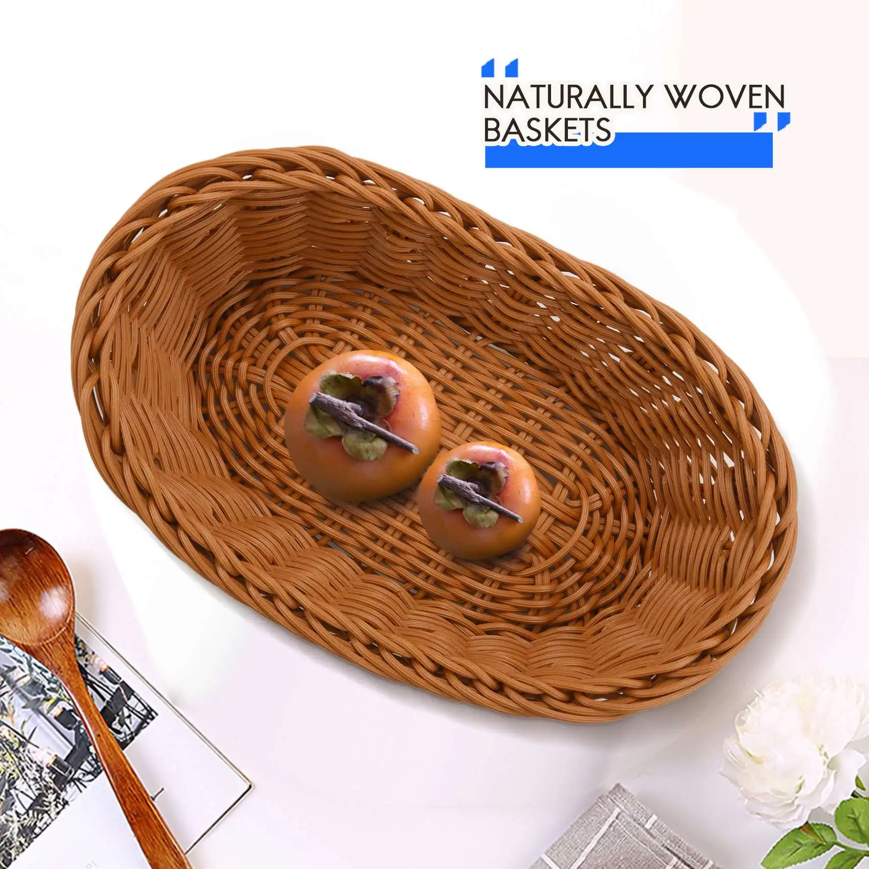 Oval Wicker Woven Bread Basket, 10.2Inch Storage Basket for Food Fruit Cosmetic Storage Tabletop and Bathroom