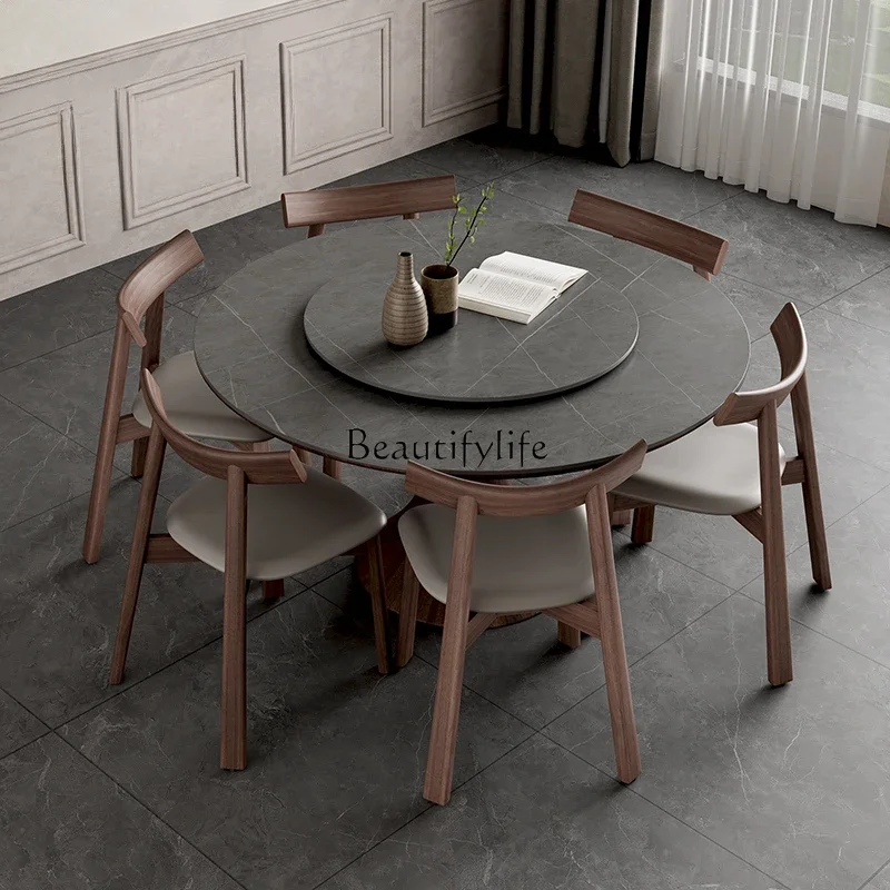 

Nordic solid wood dining table round with turntable simple imported oak Italian rock slab round table