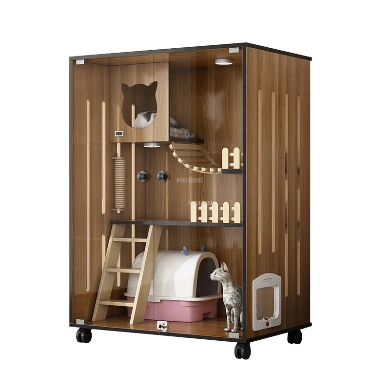 

Роскошные клетки для кошек из цельного дерева, прозрачная стеклянная вилла, внутренний панорамный дом, большой туалет, домашний водонепроницаемый шкаф для кошек