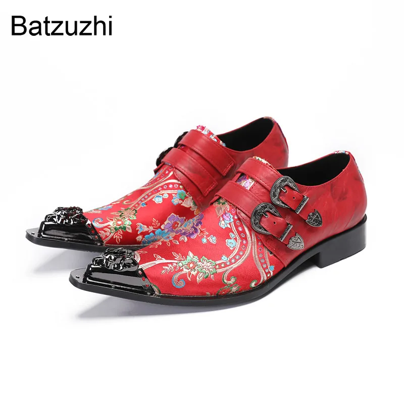 

Batzuzhi Luxury Handmade Men's Shoes Pointed Iron Toe Men Red Leather Dress Shoes Man Slip On, Big Sizes 38-46!