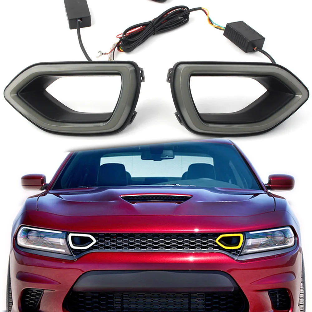 

2Pcs Car Front Grille Bezel Turn Signal Lamp Smoke LED Yellow Light DRL for Dodge Charger SRT 2015 2016 2017 2018 2019