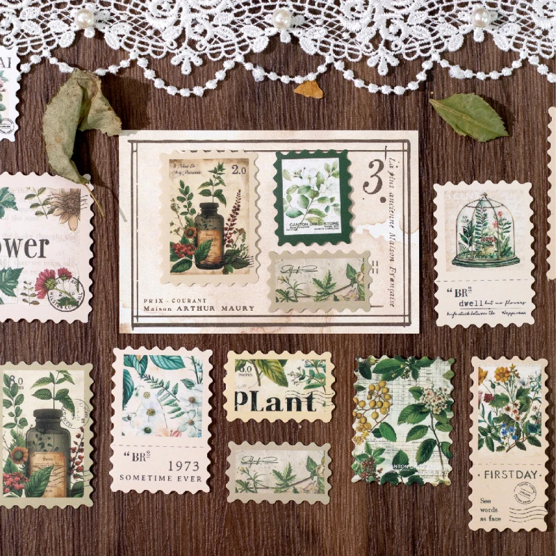 Naklejki z motywem roślin w stylu vintage, znaczki pocztowe, 50 sztuk, do scrapbookingu, dziennika, dekoracji, retro poczta