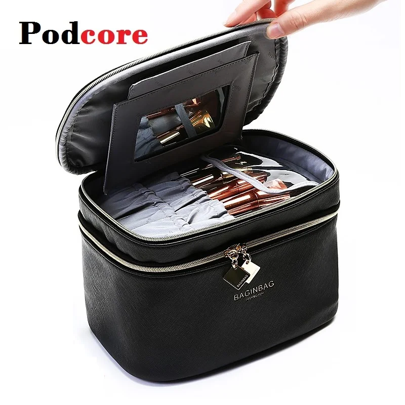 Fashion Cosmetic Bag Cases Large Kotak Make up Box Black Women Waterproof Toiletry Pouch Travel Storage Bags with Handle