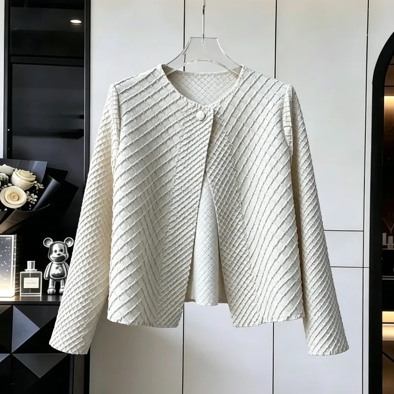 Miyake Pleated Women's Waffle Cardigan 2026 New Round Neck Long Sleeve Top Loose Versatile Casual Diamond Pattern Coat
