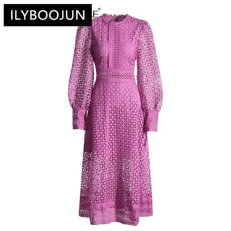 

ILYBOOJUN Embroidery Cut Out Midi Dress For Women Round Neck Long Sleeve High Waist Solid Minimalist Dresses Female Clothing