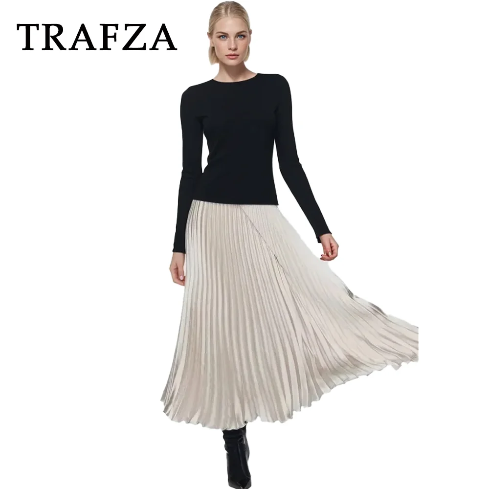 TRAFZA 2024 Spring Summer Casual Folds Long Skirts Fashion Vintage Solid Satin Oversized High Waist Chic Elegant Lady Skirts