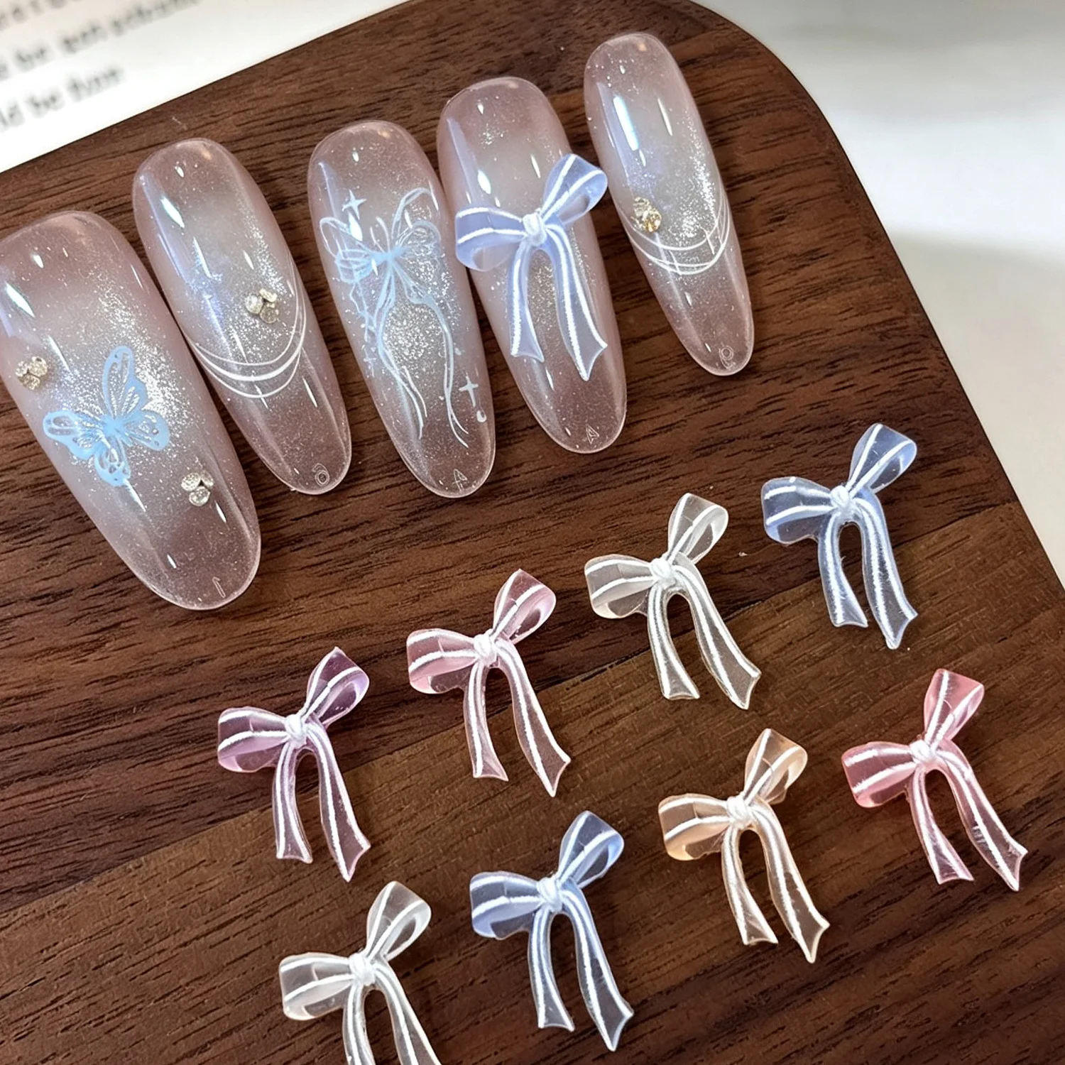 50Pcs 3D Multicolor Long Ribbon Nail Charms Ice Transparent French Bowknot Nails Decoration Colorful Resin Bow Tie Manicure Part