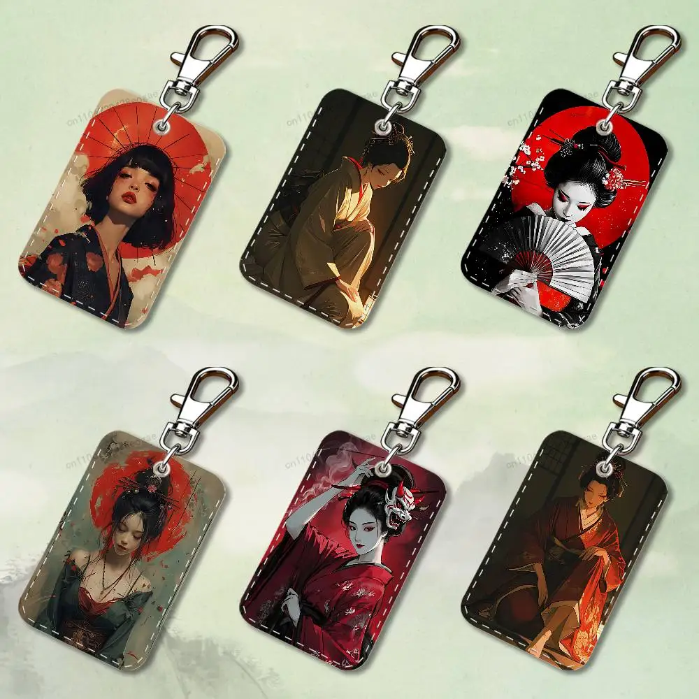 

Beautiful Geisha Woman Rectangle Card Case Keychain Access Card Bag Key Tag Ring Leather Card Holder Key Ring Access