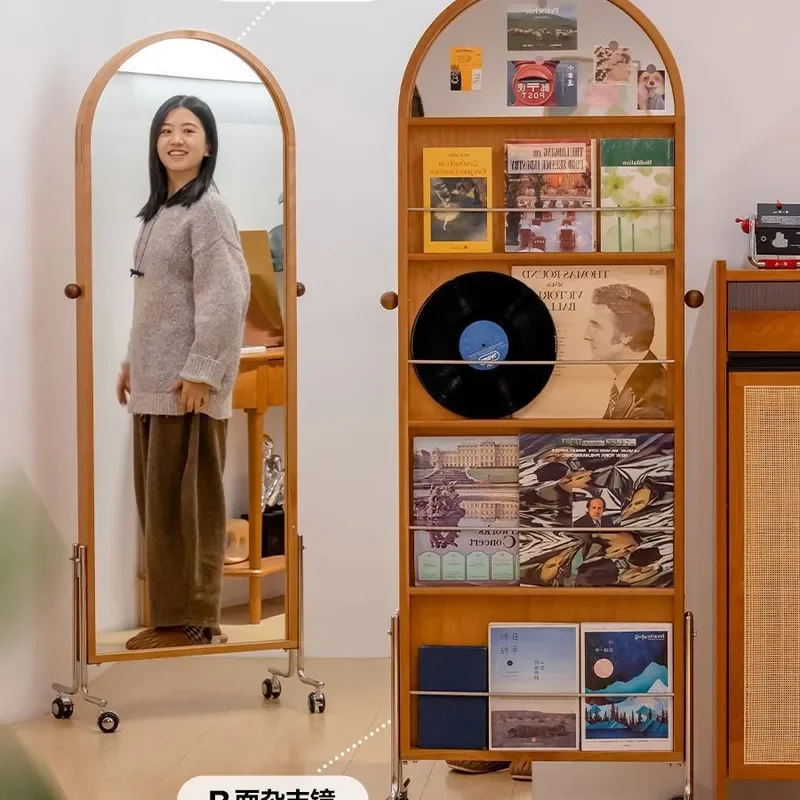 For Medieval Rotating Full Length Mirror Cherry Wood Floor Standing Magazine Rack Home Fitting Dressing Mirror with Storage