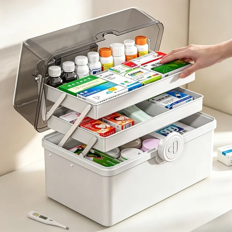 Boîte de rangement portable pour médicaments à 3 étages, grande capacité, trousse de premiers soins familiale, organiseur de pharmacie