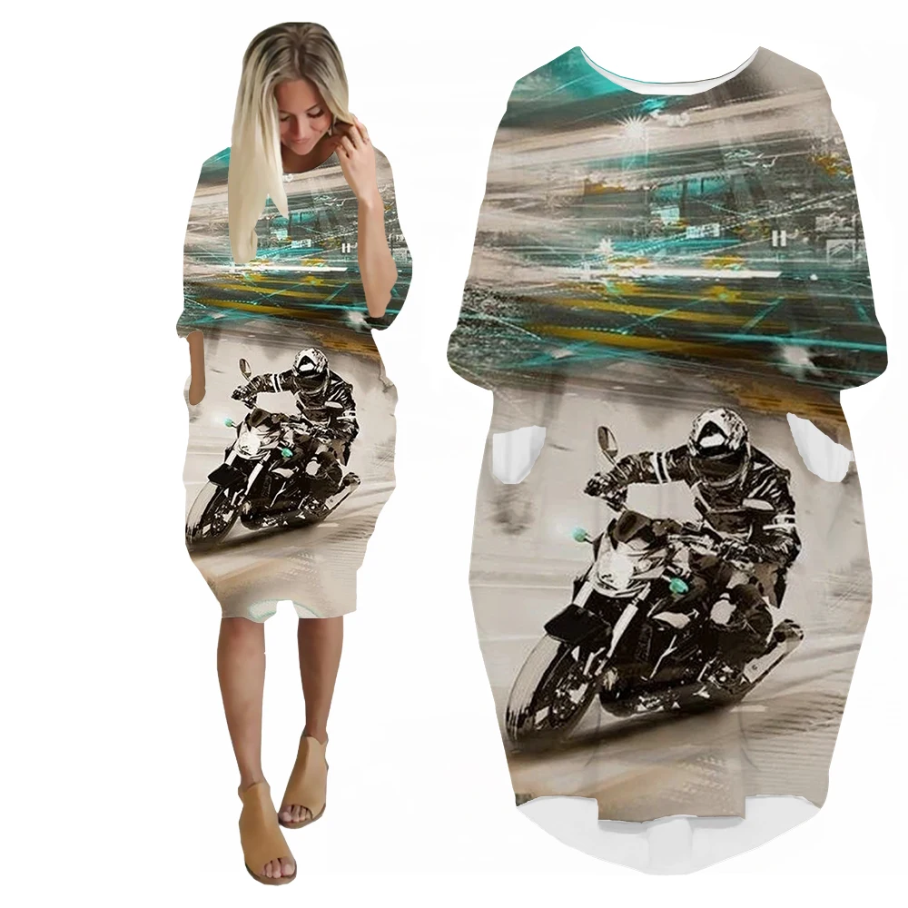 SONSPEE Motorcyclist Harajuku Fashion 3D Print Pockets Skirt Racing Driver Pattern Robe Lady Loose Punk Style Dresses for Women