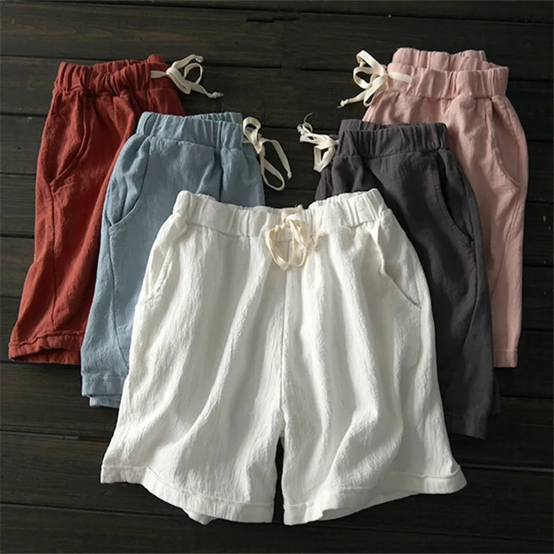 

2024 Summer Women' Home Casual Tie Elastic Waist Shorts High Waist Loose Slim Shorts New Fashion Cotton Beach