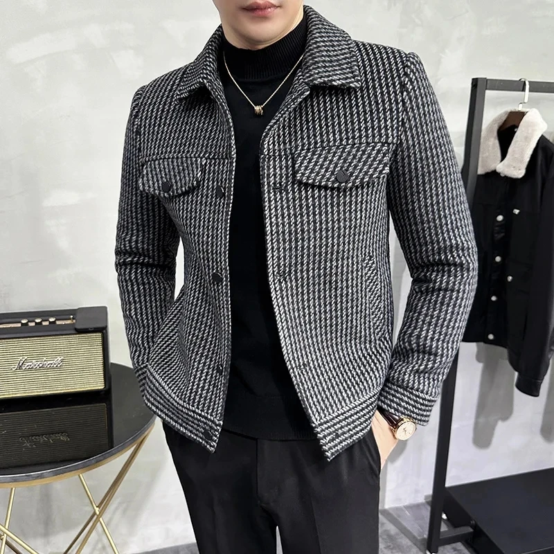 Winter Men\'s Woolen Jacket Lapel Fur Collar Trench Coat Casual Business Wool Blends Social Streetwear Overcoat Men Clothing