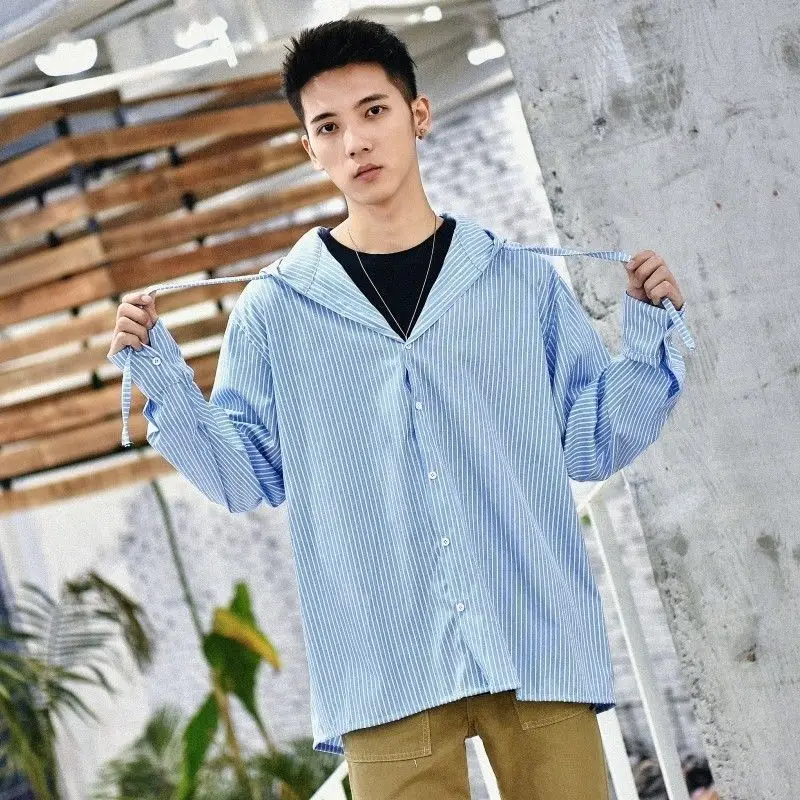 أنيقة الرجال الكورية نمط العصرية مقنعين فضفاضة مخطط قميص طويل الأكمام سترة رقيقة