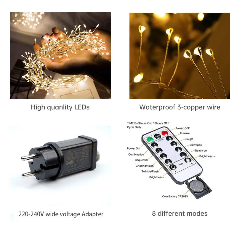 3/6/10/18M LED Silver Wire Christmas String Cluster Lights Outdoor Decoration Indoor Garden Tree Plug Wedding Holiday Lighting