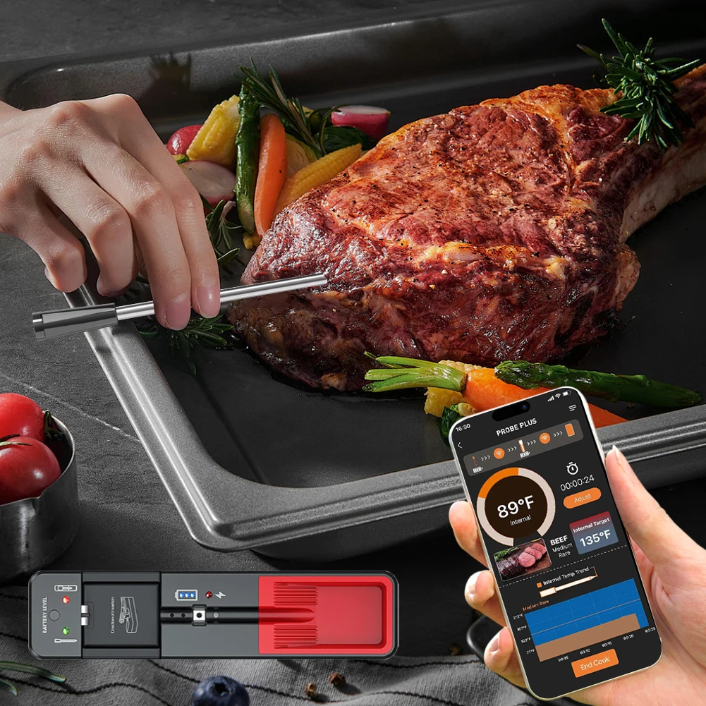 Smart Meat Thermometer Wireless Meat Thermometer Bluetooth-Compatible Cordless Meat Thermometer Long Range for Smoker Rotisserie