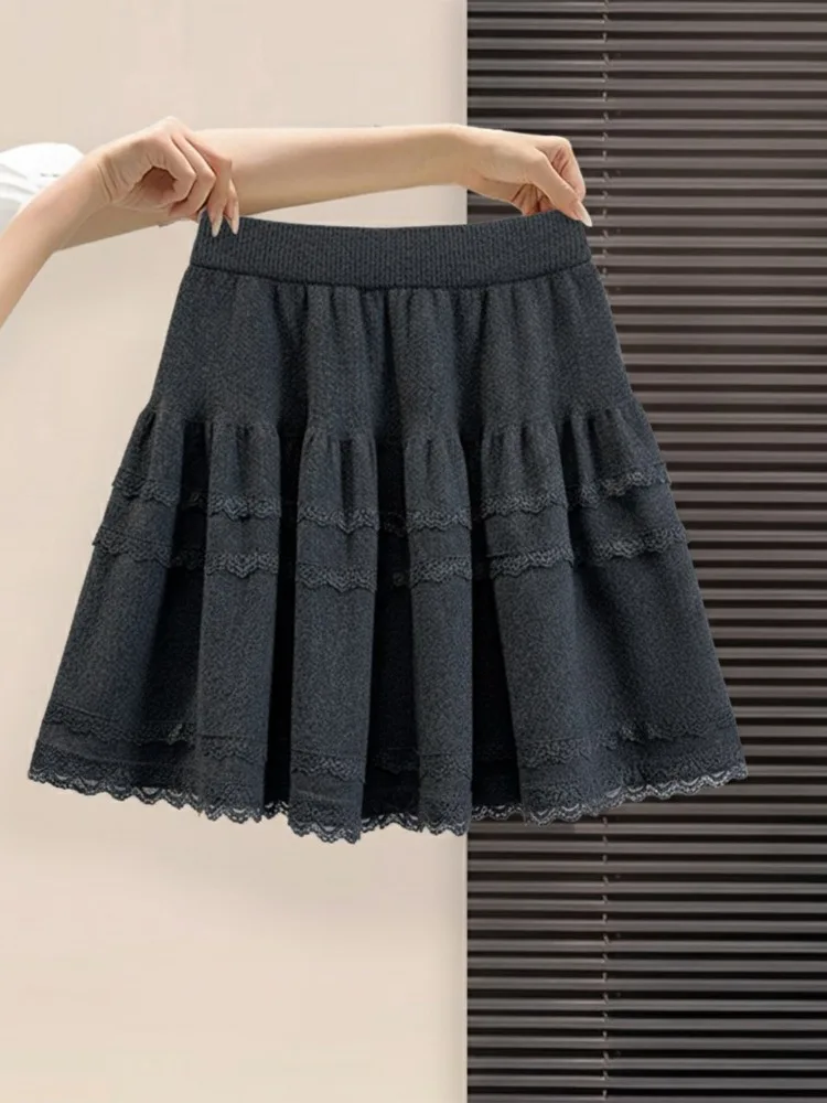 

ay Lace Knitted Skirt Women's Autumn Winter plus Size Beautiful High Waist A-Line Pleated Skirts Casual Sle