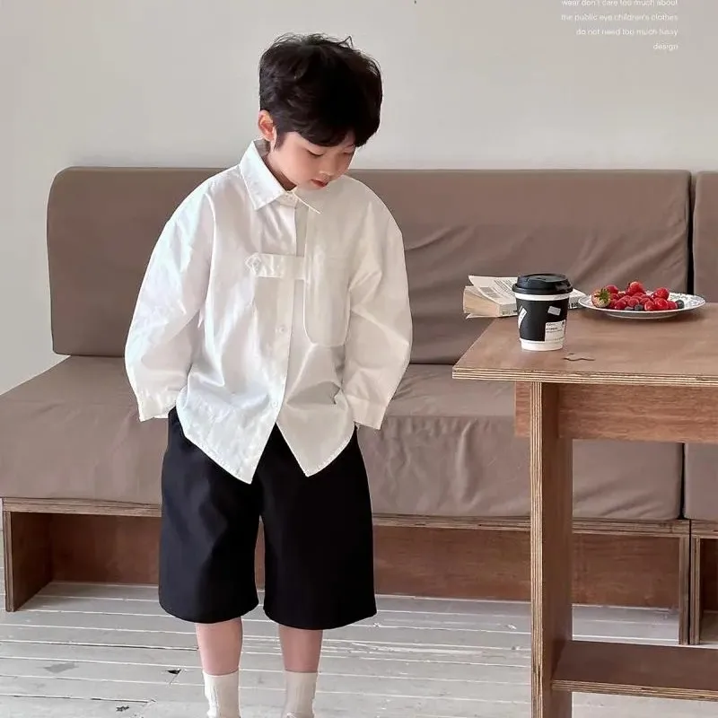 90-140cm Boys' Shirt Spring and Autumn New Style Children's Casual Pure White Long Sleeved Shirt Top