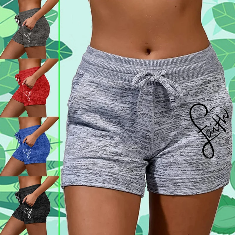 Summer heart-shaped printed women's quick drying shorts yoga pants casual sports high waisted drawstring elastic shorts fitness