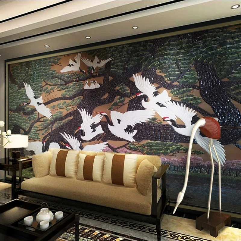 Custom Wallpaper Chinese 8D Pine Tree Animal Crane Study Home Decor Mural Living room sofa TV background wall bedroom restaurant