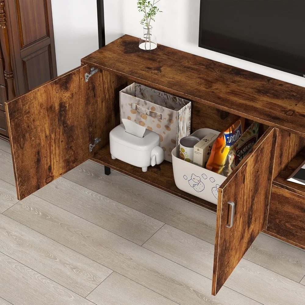 Unidade de parede do centro de entretenimento de estilo industrial para TVs de 55-60 polegadas com estantes e prateleiras ajustáveis