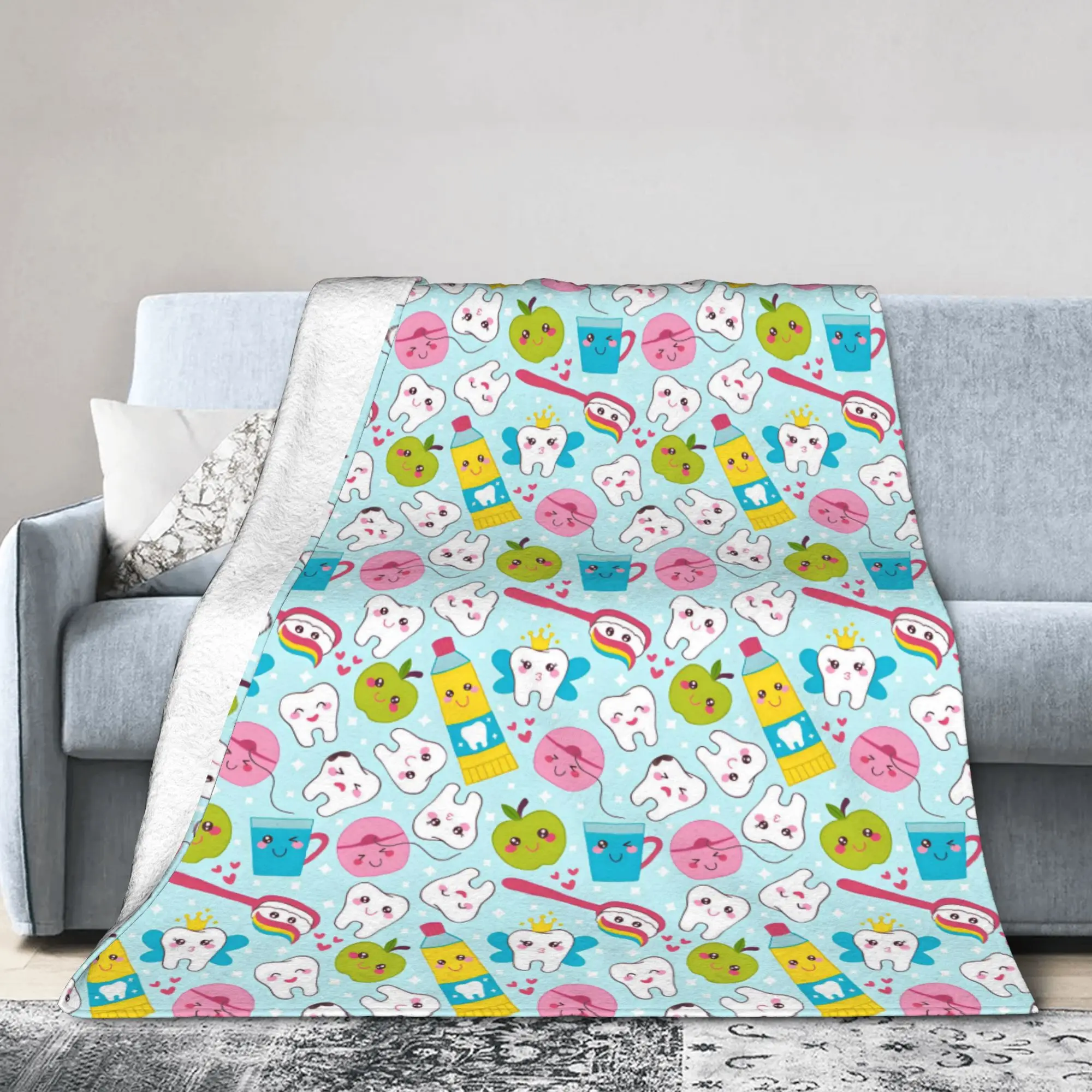 Custom Healthy Teeth Pattern Tooth Blanket Warm Fleece Soft Flannel Care Dental Health Throw Blankets for Bedroom Couch Car