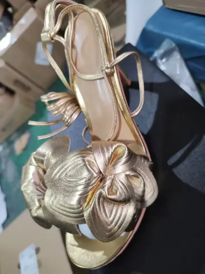 

2025 New Arrival Summer Woman Shoes Ladies Solid Gold/red Flowers Lace Up Unique Sexy Sandals Cross Tied Stiletto Heel Party