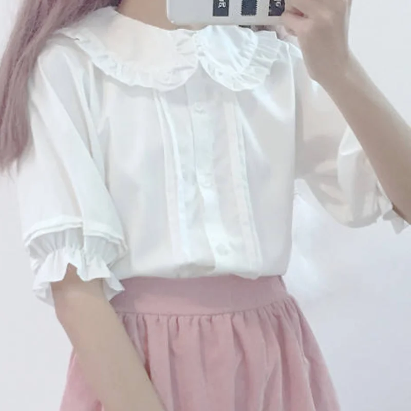 HOUZHOU White Shirt Kawaii Peter Pan Collar Preppy Style Blouses Woman Sweet Ruffle Short Sleeve Tops Summer 2022 Fashion