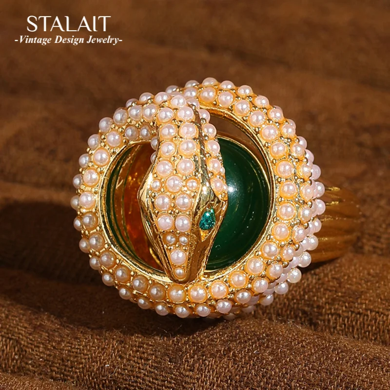 

Vintage Snake Head Pearl Ring Green Agate Eye Gold Color Jewelry Luxury Designer For Women Wedding Brand Cocktail Accessories