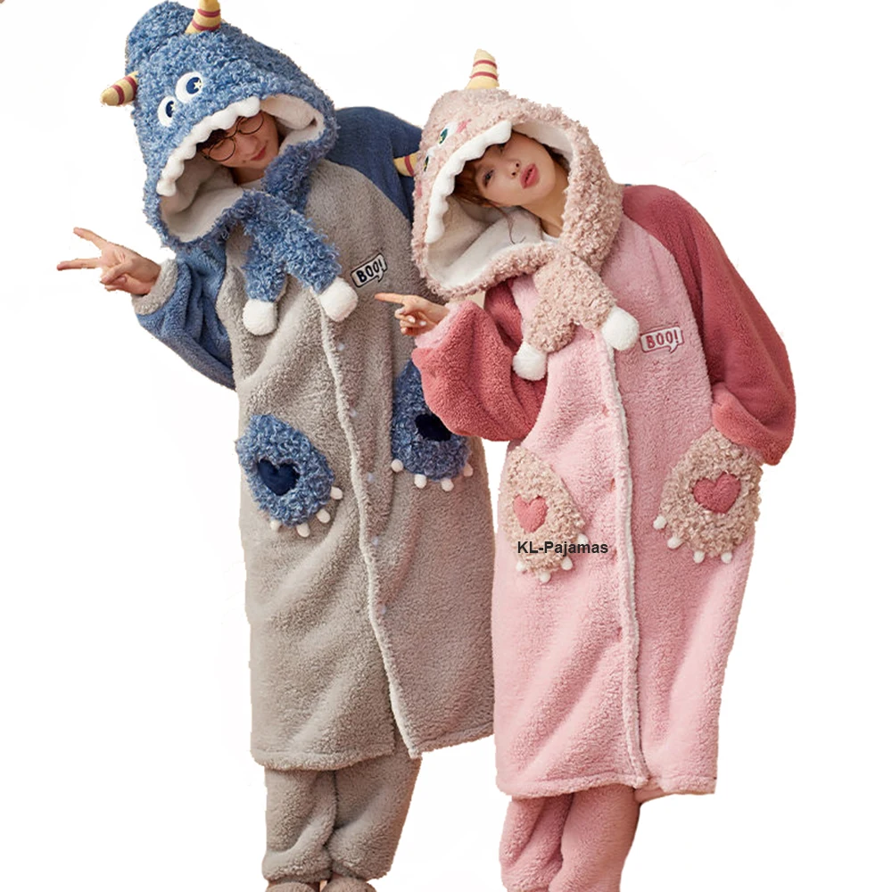 

Winter Women's Flannel Pajamas Sets Plush Thicken Long Nightgown Monster Cosplay Suit Womens Cartoon Nightdress Robes Sleepdress