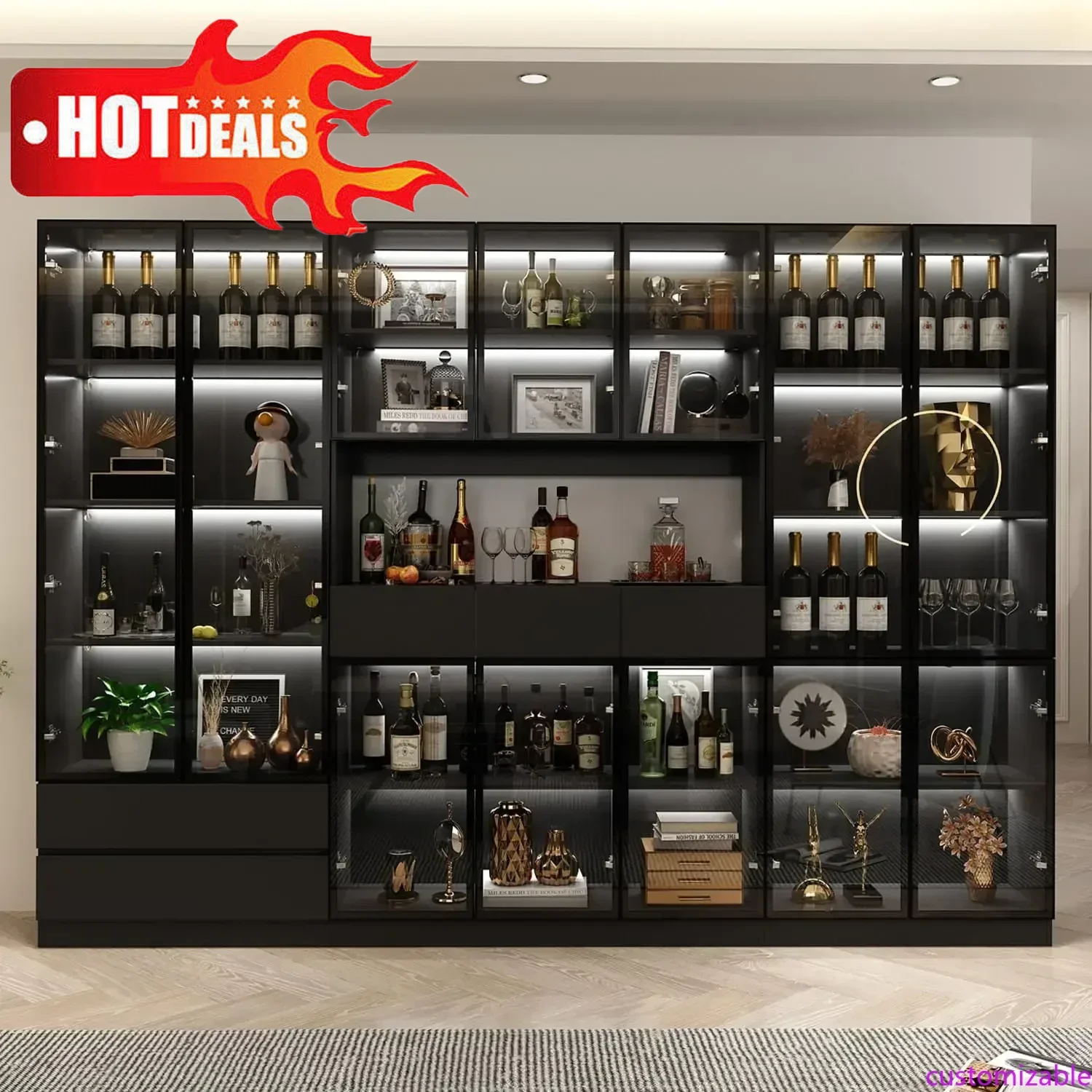 رف كتب طويل القامة قابل للتخصيص مع أبواب وأضواء زجاجية، مجموعة منظم رف عرض كبيرة مع قفص، ورف كتب للمكتبة