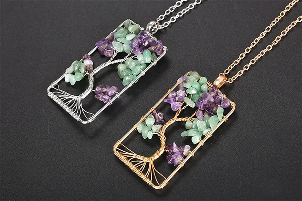 Natural Amethyst Jade Stone Square Tree of Life Lucky Pendant for Woman Handmade Crystal Reiki Healing Amulet Necklace Jewelry