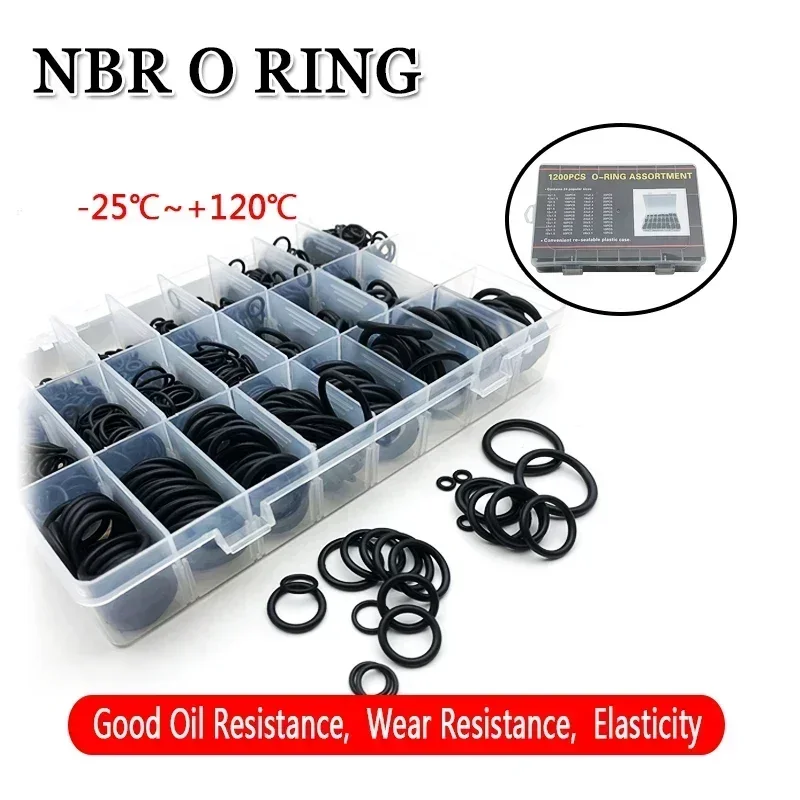

1200Pcs / NBR Nitrile Rubber O-Ring Kit CS 1.5/2.4/3.1mm OD 6mm-28mm Oil-Resistant Seal Ring for Automotive Machinery Hydraulic