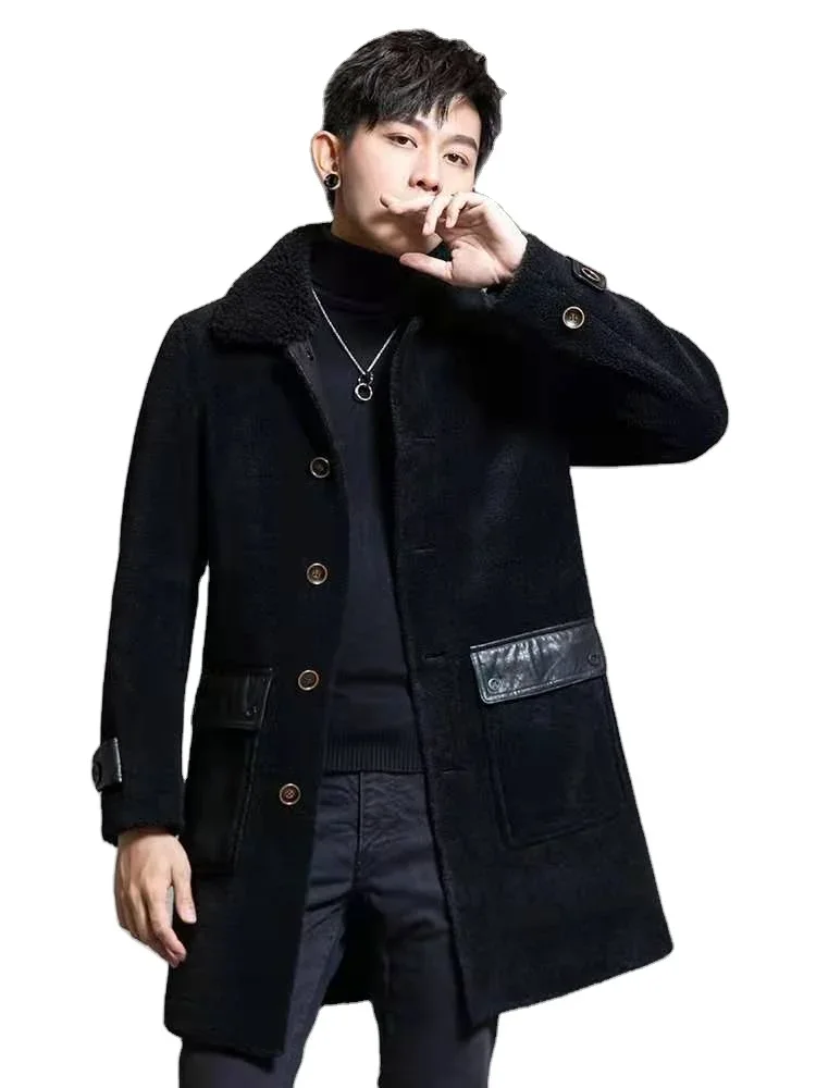 Latest design  woolen coats men winter  men's leather fur long coat