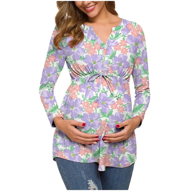 

Pregnant Women Fashionable Comfortable Breathable Printed Nursing Top with Spring Autumn Long Sleeves Waist Cinched V-neck Shirt