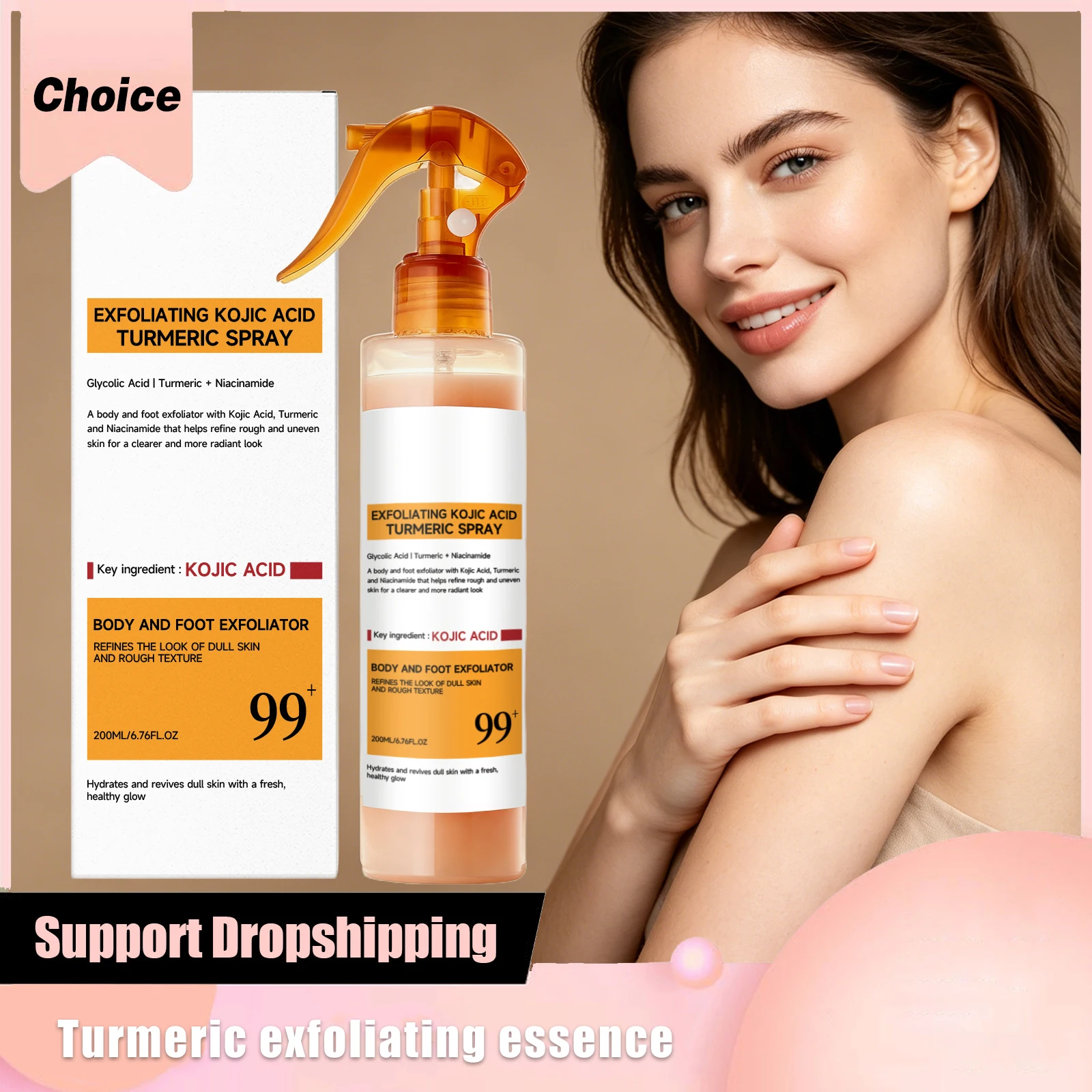 Kojic Acid Turmeric Essence Spray Gentle Exfoliating Removing Dead Skin Peeling Solution Nourishing Hydrating Body Keratin Care
