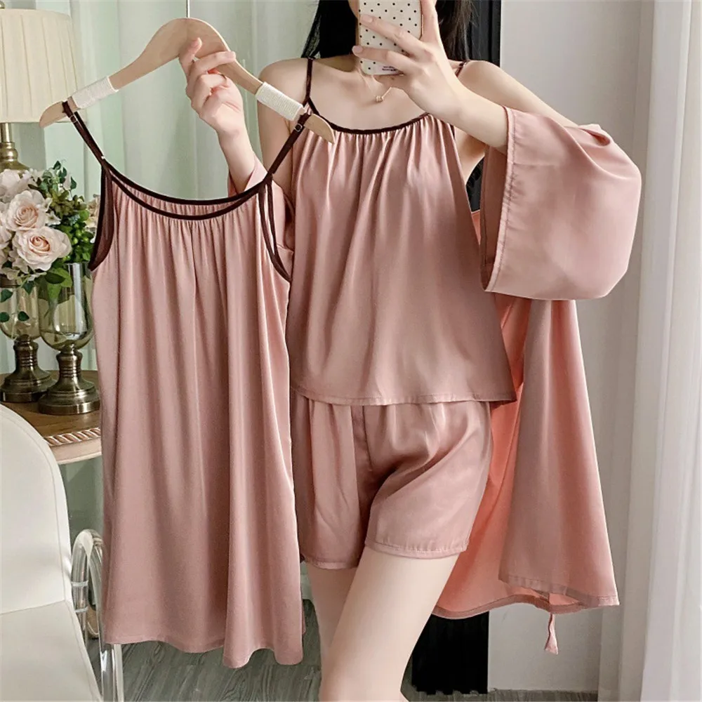 

4PCS Women's Ice Silk Sexy Pajama Set Breathable Satin Pajama Bathrobe 4 Piece Set Casual Home Clothes