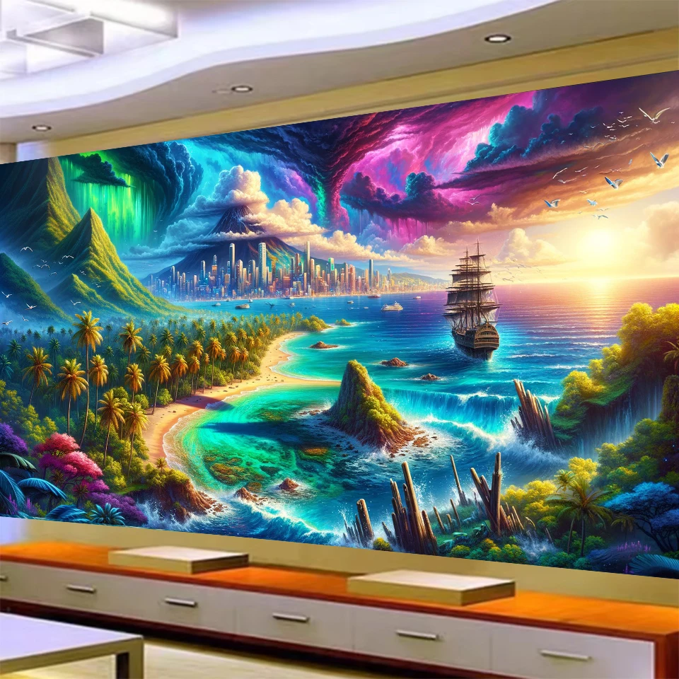 Fantasie Meer Landschaft DIY Diamant Malerei Kit voller Platz Runde Diamanten Mosaik Aurora Berg Kreuzstich Kunst Home Decor