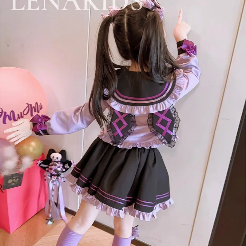 Kawaii Anime Sanrios Kids Kuromi Jk Outfit Mode Jack Lange Mouw Tops Geplooide Rok Schattige Prinsessenjurk Preppy Meisjeskleding