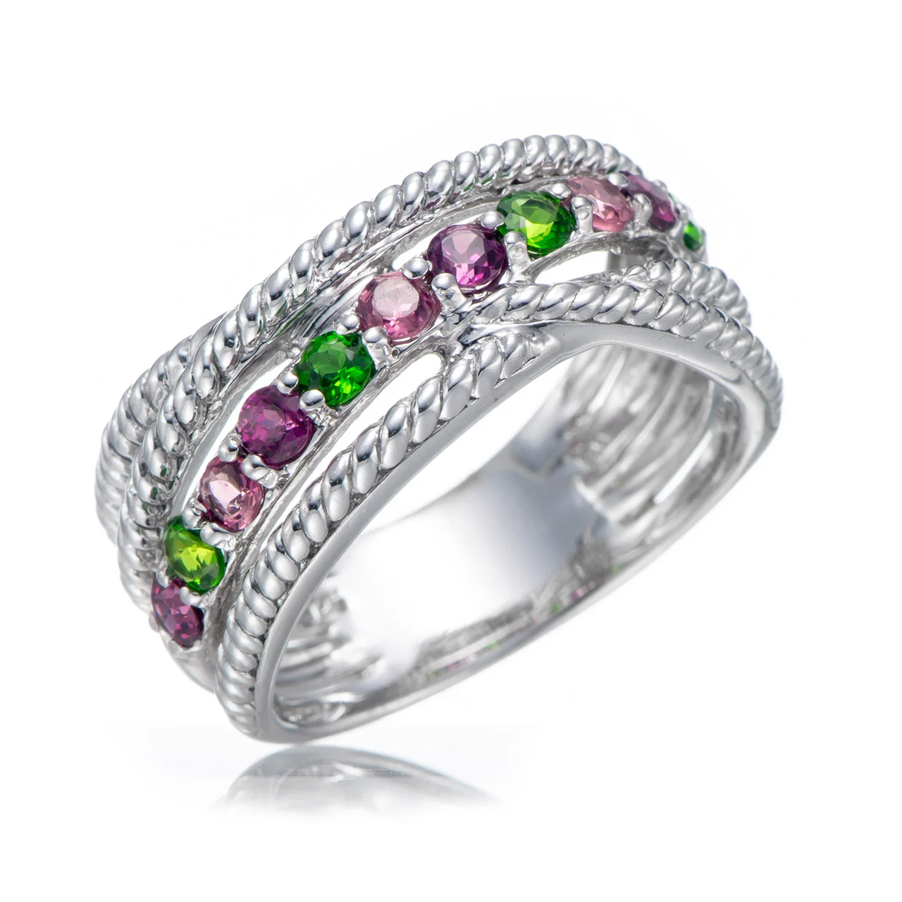 Multi Tourmaline,Chrome diopside,Rhodolite Rhodium Over Sterling Silver Ring