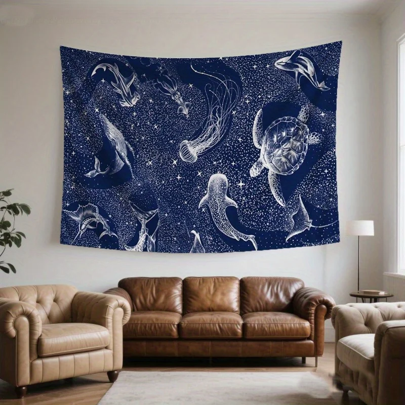 1PC Deep Blue Ocean Starry Night Tapestry with Turtle & Whale Print, Wall Hanging for Living Room Bedroom Dorm RV Decor