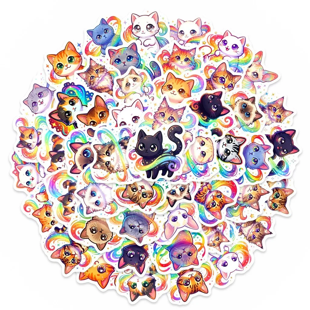 50Pcs Soft Vibrant Cartoon Cat Stickers, Healing Gradient Rainbow Cat Waterproof Decals for Water Bottle, Journaling & DIY