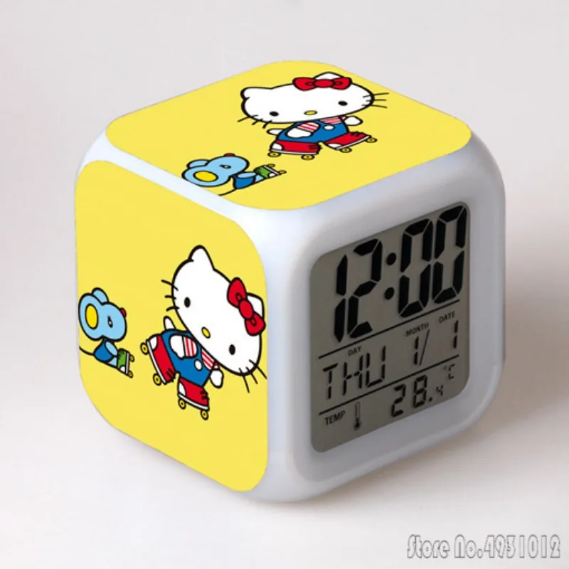 

Anime Hello Kitty Cartoon Alarm Clock 8x8x8cm Creative Student LED Cube with Colorful Light Display Time Week Month