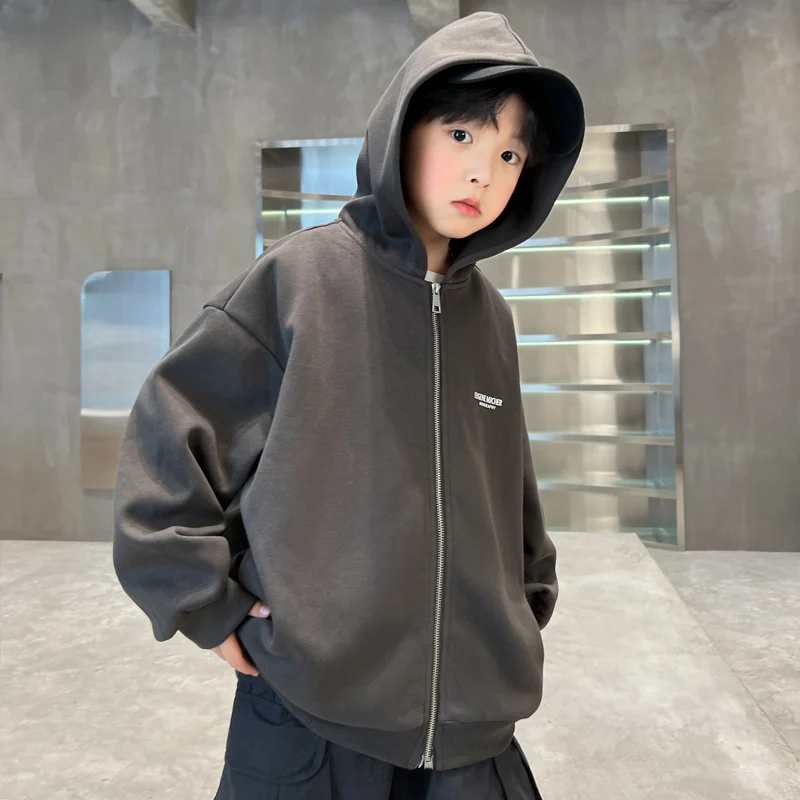 New Autumn Children Zipper Coat with Hood for Teenage Boys Brief Style Casual Hoodies Jacket School Kids Fashion Outerwear 4-14Y