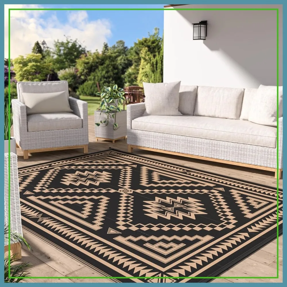 

8x10 ft Waterproof Outdoor Rug Reversible Plastic Camping Mat for Patio Deck Picnic Beach Black Brown