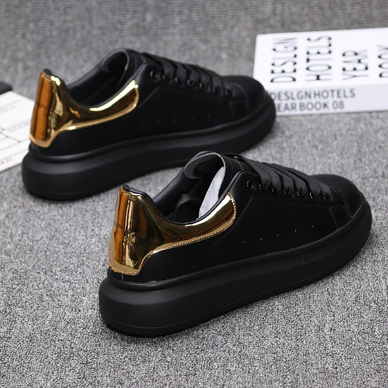 Fashionable casual shoes for couples, black and gold leather sneakers, outdoor tennis sneakers, luxury brand sneakers