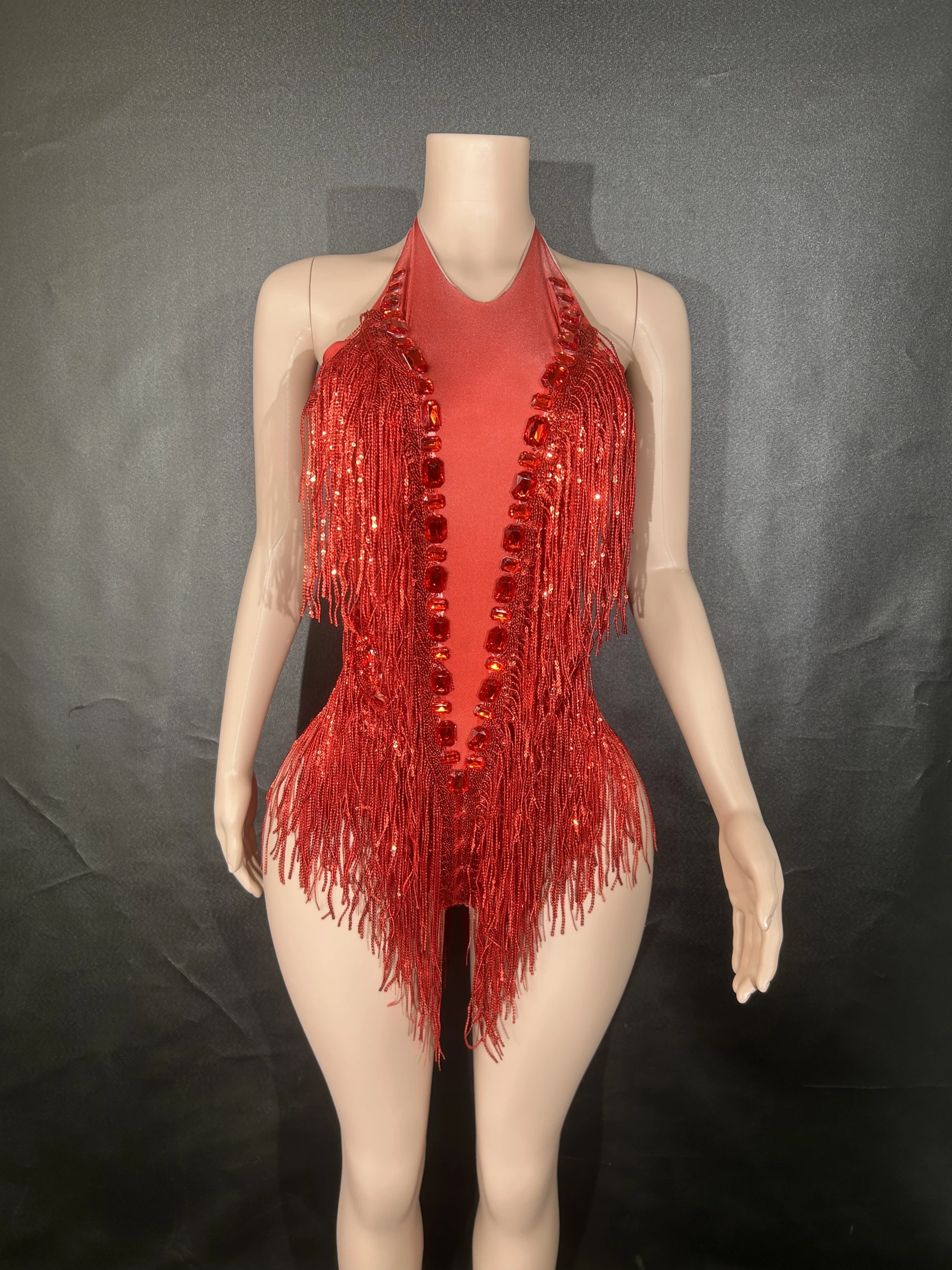 Sparkly Rhinestones Sequins Tassel LeotardWomen Nightclub Outfit Singer Dancer CostumeStage Wear Sexy Performance Bodysuit  G007