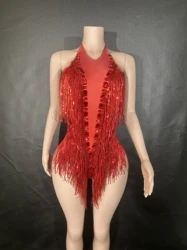 Sparkly Rhinestones Sequins Tassel LeotardWomen Nightclub Outfit Singer Dancer CostumeStage Wear Sexy Performance Bodysuit  G007