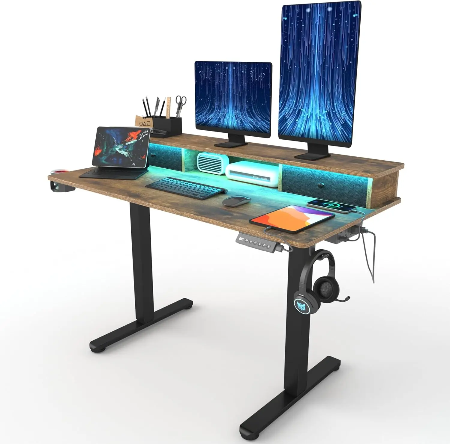 Sit Stand Desk with Power Outlets & LED Lights 48”Adjustable Height Standing Desk with Drawer